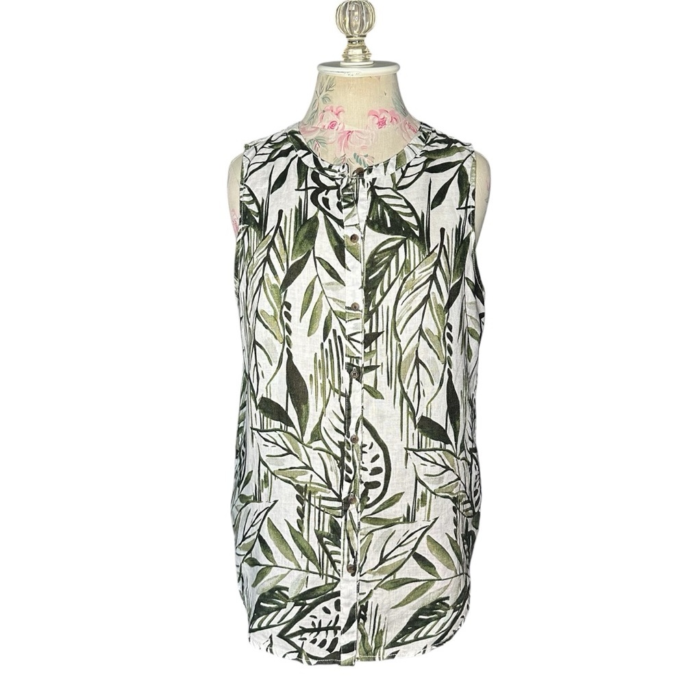 Tahari 100% Linen Tropical Palm Leaf Sleeveless Button-Front Top – Size Small